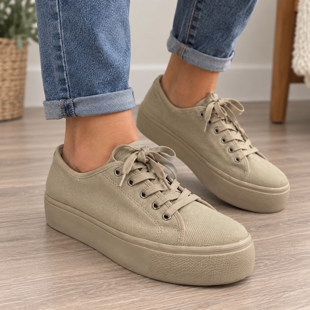 Steve‎ Madden Womens Canvas Platform Sneakers Beige Lace Up Low Top Shoes